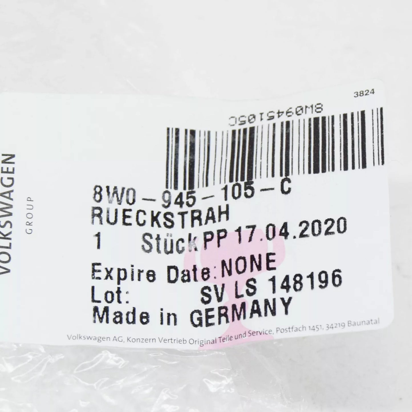 NEW AUDI A4 8W B9 REAR BUMPER LEFT REFLECTOR 8W0945105C ORIGINAL