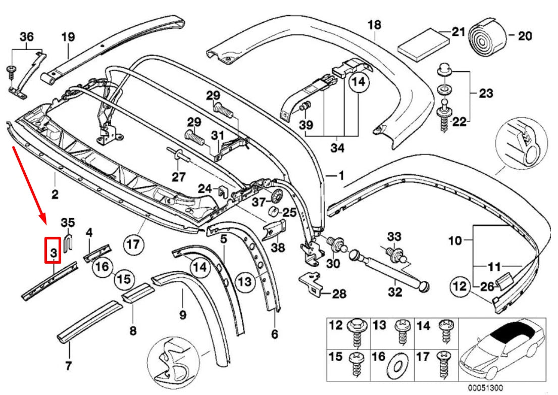 NEW BMW Z3 E36 FRONT RIGHT CONVERTIBLE TOP RAIL 8397652 54318397652 ORIGINAL