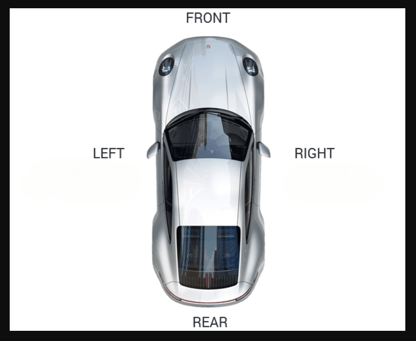Aerial view of a silver sports car labeled with front, rear, left, and right directions.