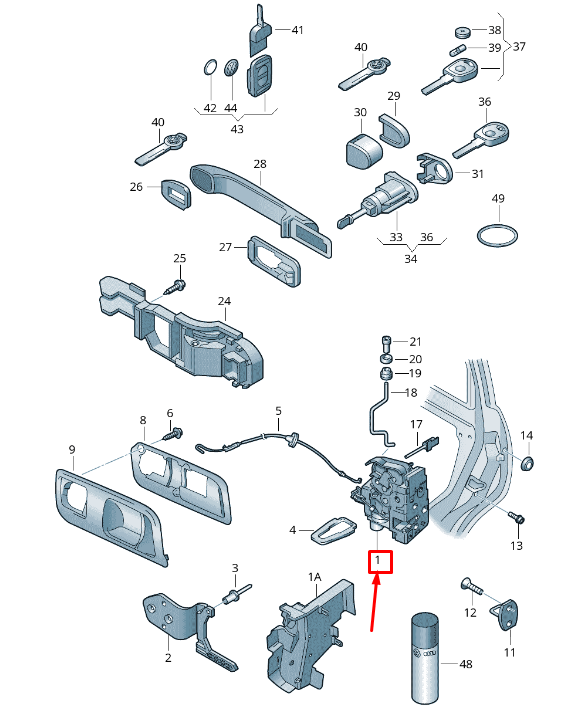 new vw fox 5z1, 5z3 front right door lock lhd 5z1837016ab original