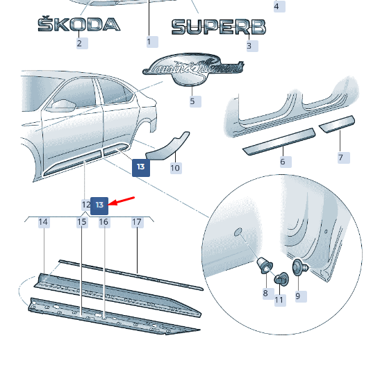 new skoda superb mk3 rear left door protective strip 3v0854949fgru original