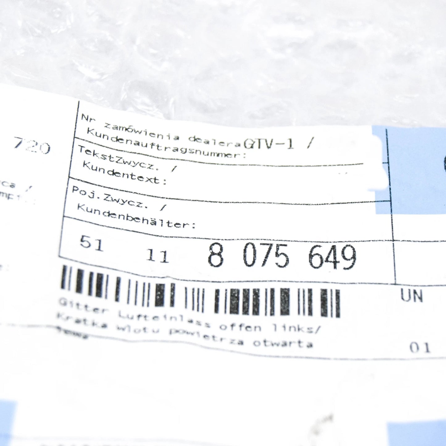 NEW BMW 3 G20 G21 FRONT BUMPER LEFT OPEN GRILLE M 51118075649 ORIGINAL