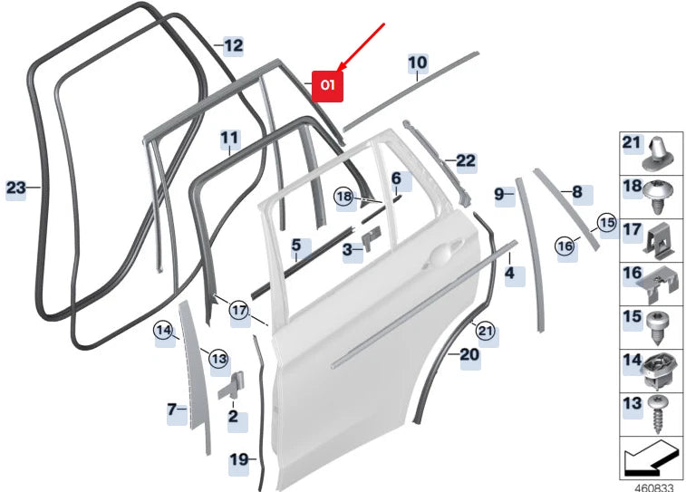 NEW BMW X5 F15 REAR RIGHT DOOR WINDOW GUIDE 51357289668 7289668 ORIGINAL