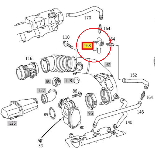 NEW MB SL R230 CRANKCASE AIR INTAKE BREATHER HOSE CONNECTOR A1120180209 ORIGINAL