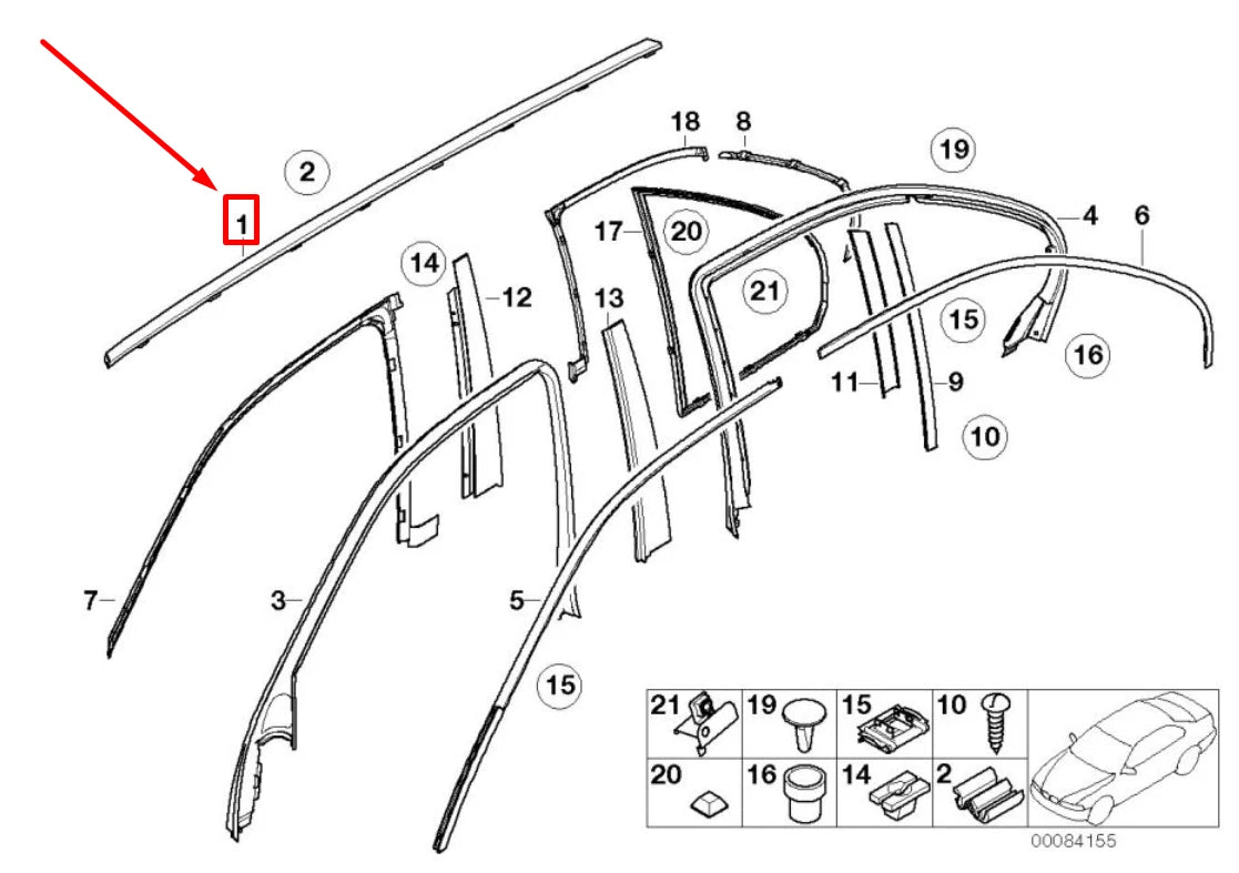 NEW BMW 5 E39 LEFT ROOF MOULDING 51138195561 8195561 ORIGINAL