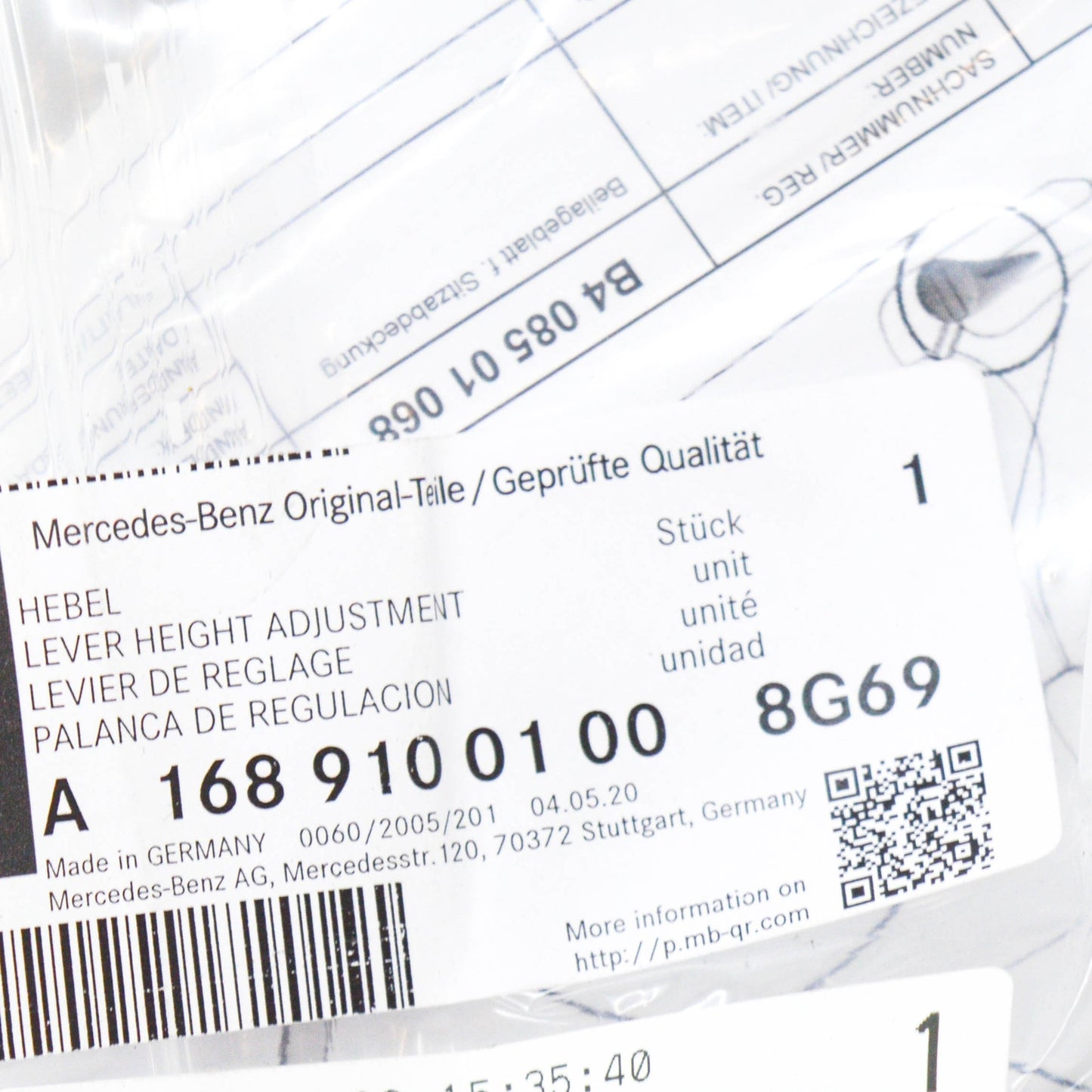 NEW MB A W168 SEAT ADJUSTER HANDLE LEVER A16891001008 G69 ORIGINAL