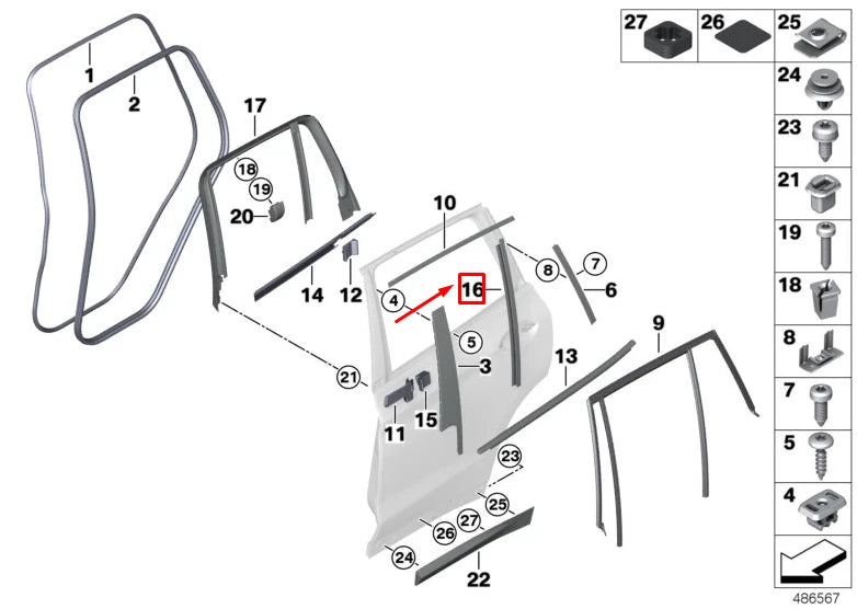 NEW BMW X3 G01 REAR LEFT WINDOW GUIDE WEB COVER 51357410047 ORIGINAL