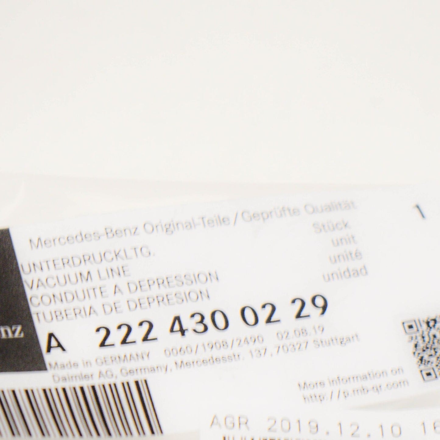 NEW MERCEDES BENZ S W222 BRAKE BOOSTER VAACUM PIPE A2224300229 ORIGINAL