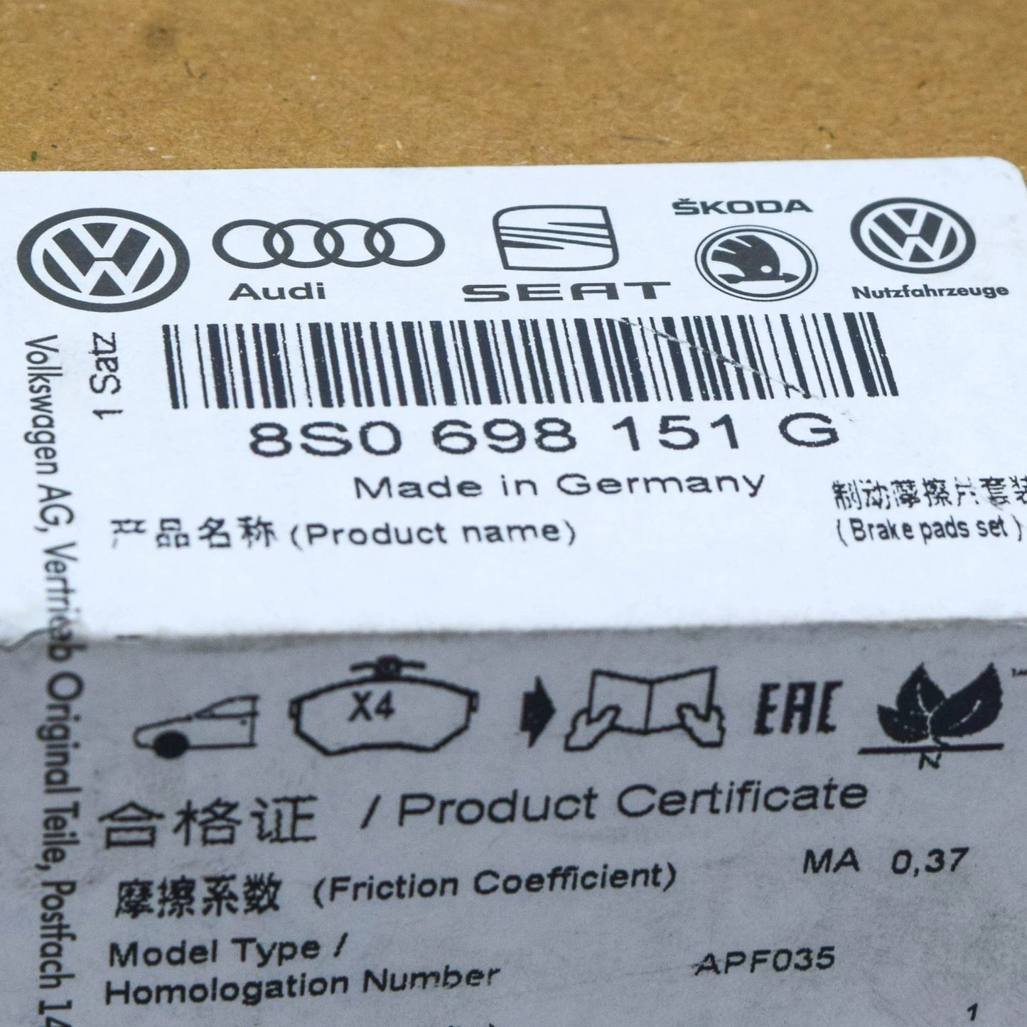 NEW AUDI TT MK3 FV FRONT WHEEL BRAKE PADS SET 8S0698151G ORIGINAL