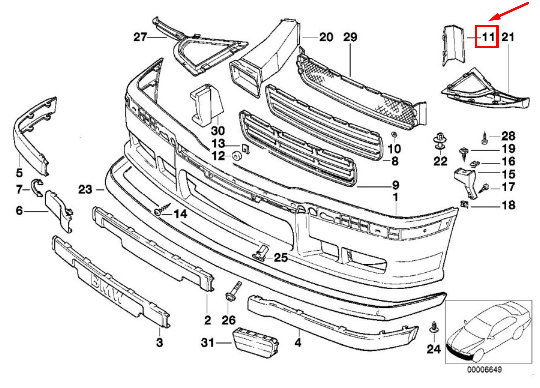 new bmw 3 compact e36 front bumper sealing m technic 2251390 51112251390
