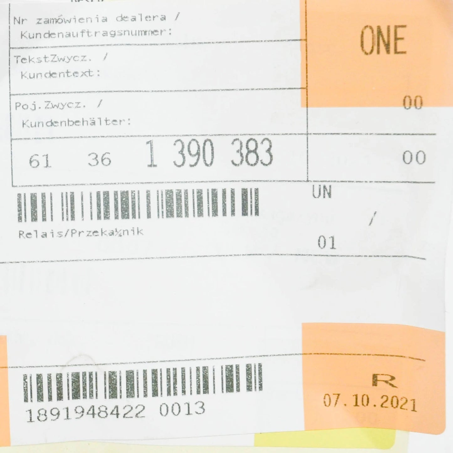 NEW BMW 5 E34 2.5TDS RELAY YELLOW 61361390383 ORIGINAL