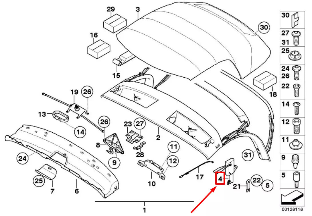 NEW BMW Z4 ROADSTER E85 RIGHT CONVERTIBLE TOP HINGE 7043888 54317043888 ORIGINAL