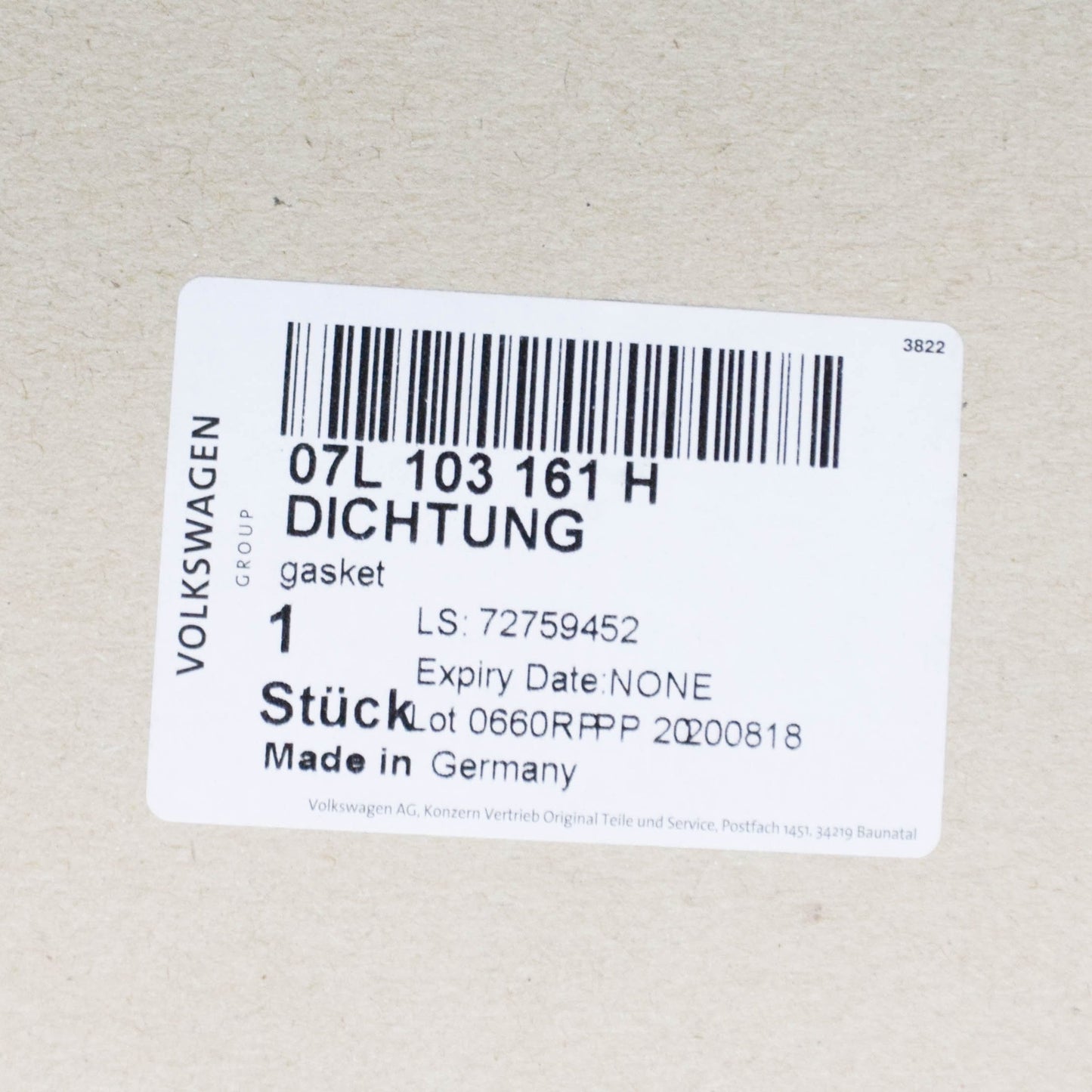 NEW AUDI R8 4S VALLEY PAN GASKET 07L103161H 2017 ORIGINAL