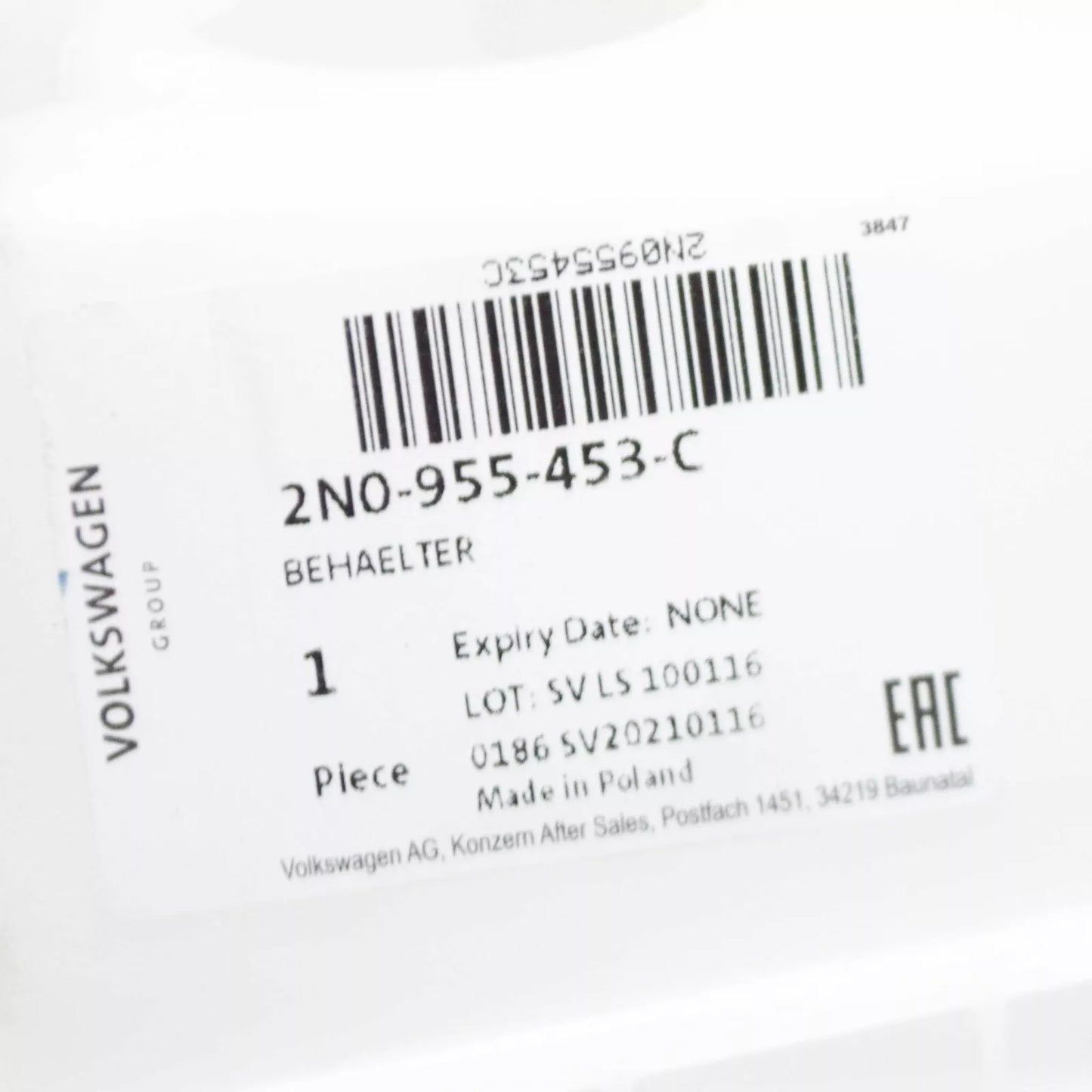 NEW VOLKSWAGEN CRAFTER SY WINDSHIELD WASHER RESERVOIR TANK 2N0955453C