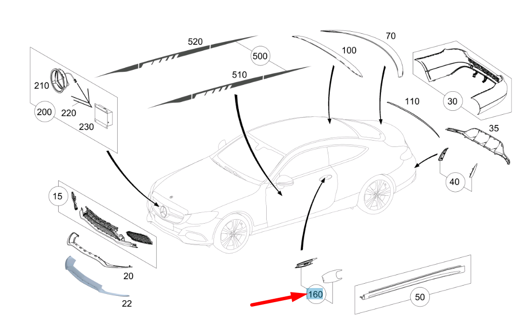 NEW MB C W205 FRONT DOOR CHROME HANDLE RECESS PARTS KIT A2057604200 ORIGINAL