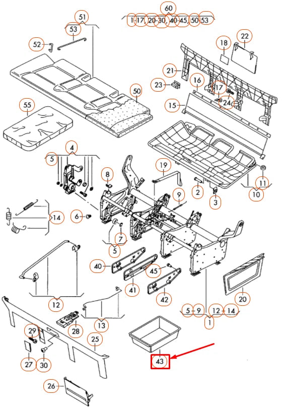 NEW VW TRANSPORTER T5 REAR BENCH FOLDING SEAT DRAWER 7H5885602A82V ORIGINAL