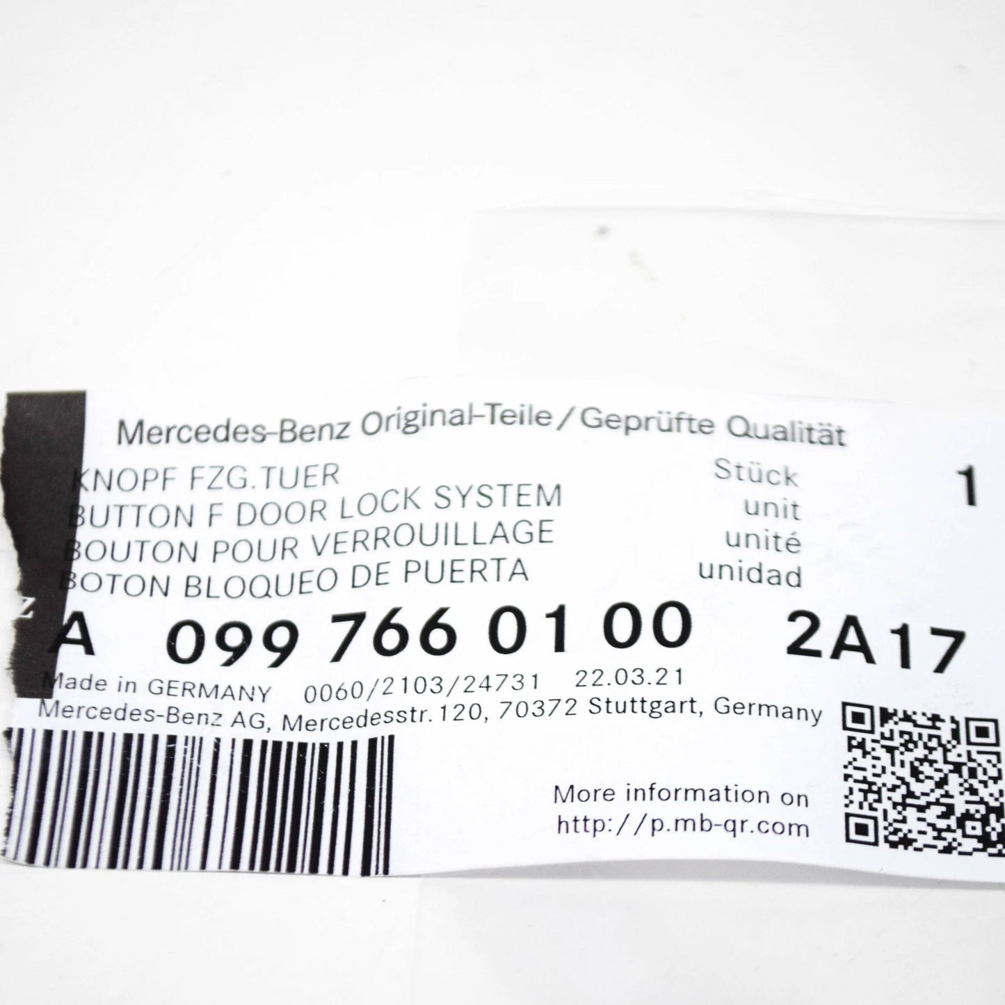 NEW MB AMG GT C190 INTERIOR UPPER DOOR LOCK KNOB A09976601002A17 ORIGINAL