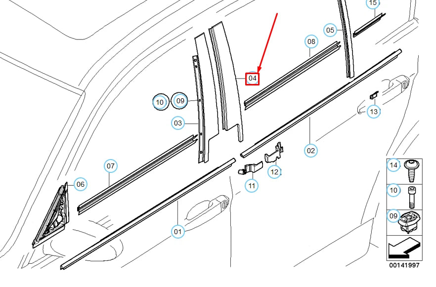 NEW BMW 3 E90 REAR LEFT DOOR WINDOW FRAME B-PILLAR FINISHER 51357906909 ORIGINAL