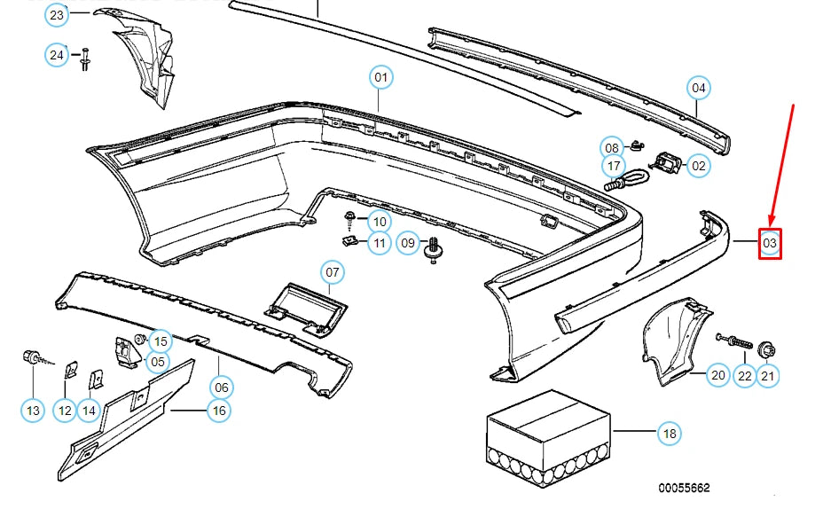 NEW BMW 3 E36 REAR BUMPER RIGHT MOULDING IMPACT STRIP 51128135488 ORIGINAL
