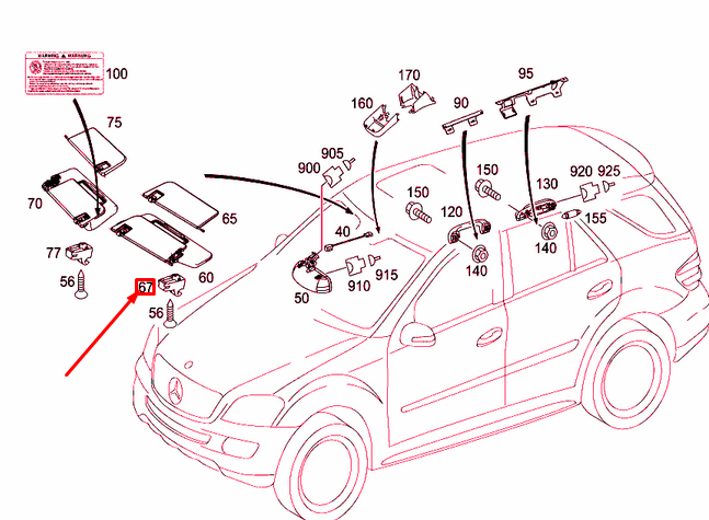 NEW MERCEDES-BENZ ML W164 LEFT SUN VISOR SUPPORT BEARING A25181001129051