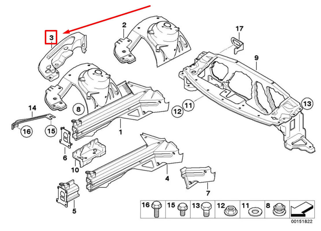 NEW BMW Z4 E85 FRONT RIGHT WHEEL HOUSING STRUT 7185410 41117185410 ORIGINAL