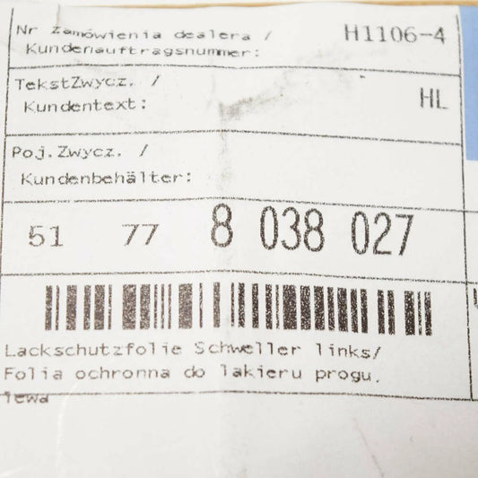 NEW BMW X5 E70 LEFT SIDE SILL SKIRT PAINT PROTECTION TAPE 51778038027 ORIGINAL