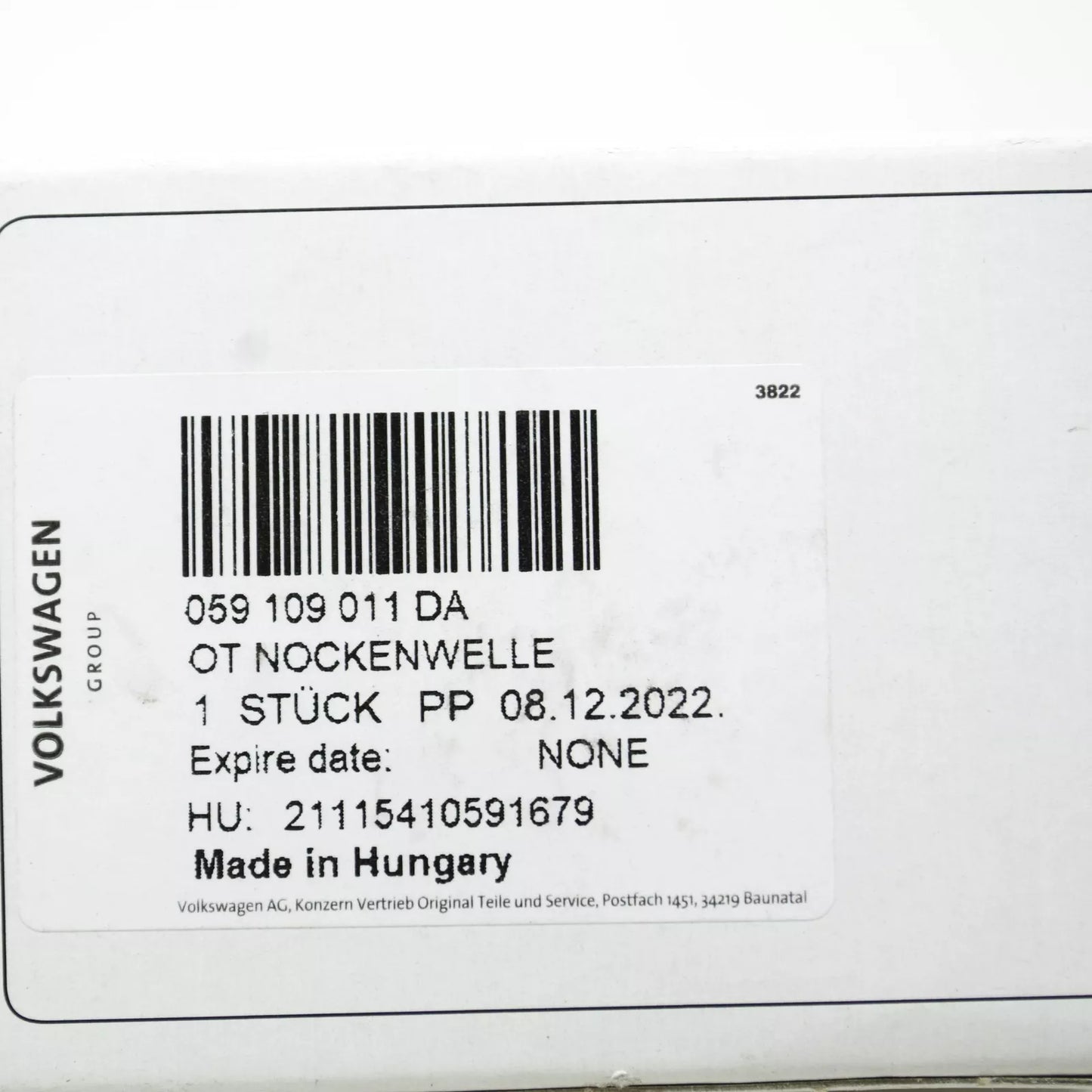 NEW VOLKSWAGEN AMAROK INLET CAMSHAFT 059109011DA ORIGINAL