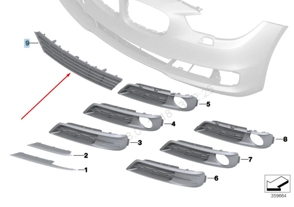 NEW BMW 5 GT F07 FRONT BUMPER LOWER CENTER GRILLE 51117331666 2015 ORIGINAL
