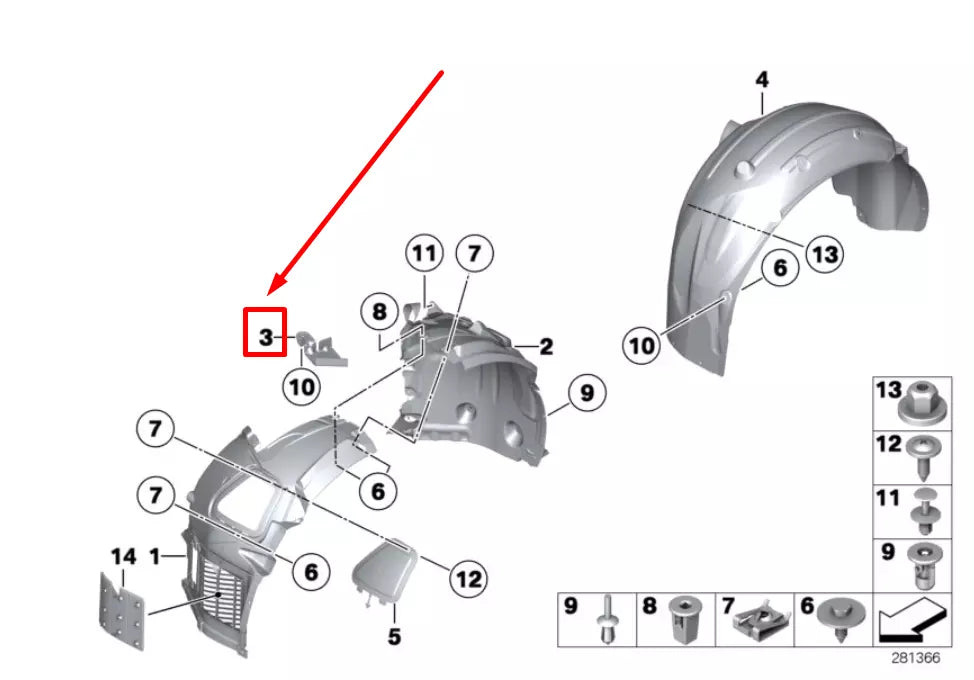 NEW BMW 7 F01, F02 LEFT FENDER LINER SUPPORT BRACKET 7203489 51717203489