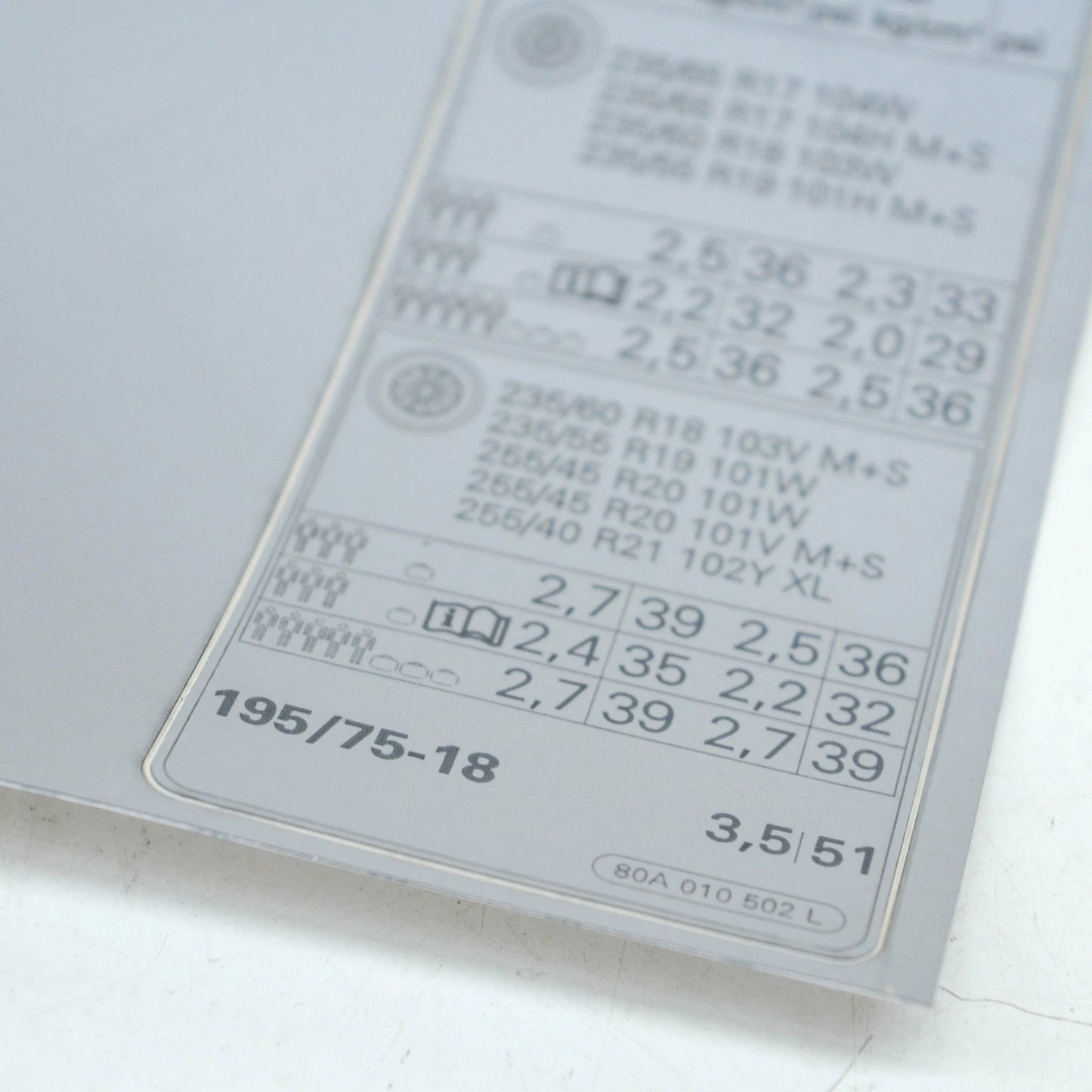 NEW AUDI Q5 FY 80A TYRE PRESSURE DATA PLATE STICKER 80A010502L ORIGINAL