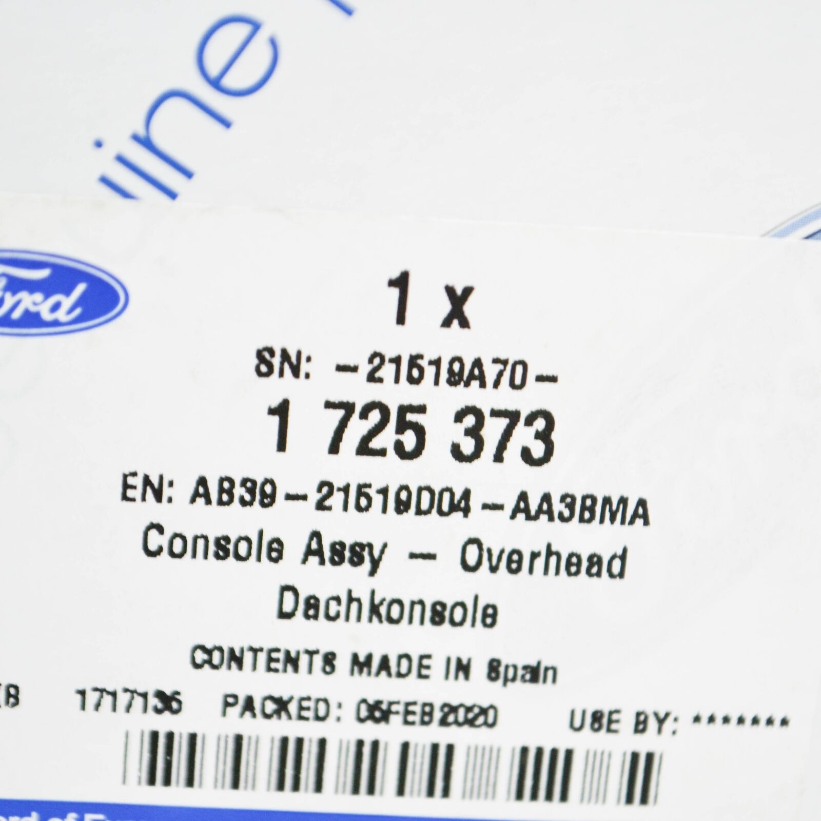 Genuine Ford Ranger T6 Overhead Console Cover 1725373 Ab39-21519D04-Aa3Bma Original