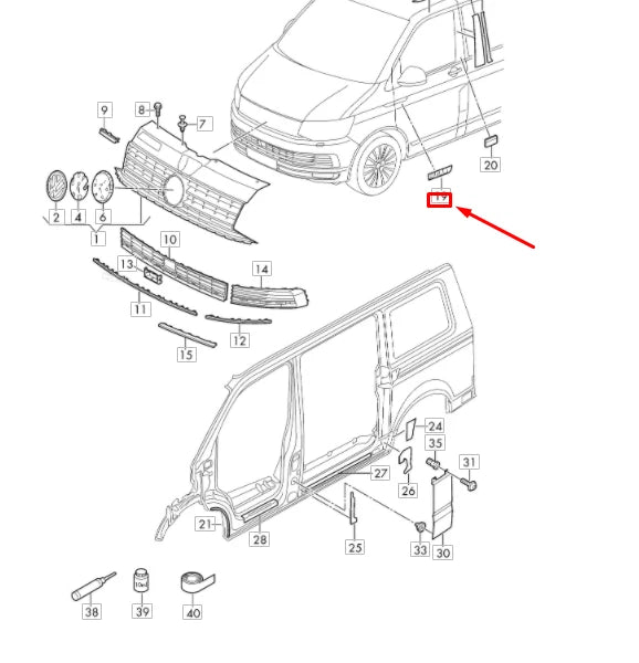 NEW VW TRANSPORTER T6 FRONT LEFT DOOR BADGE SELF-ADHESIVE 7E0853688ACBX ORIGINAL