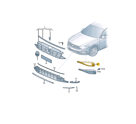 NEW VOLKSWAGEN PASSAT B8 FRONT RIGHT GRILL 3G0853666K9B9 2016 ORIGINAL