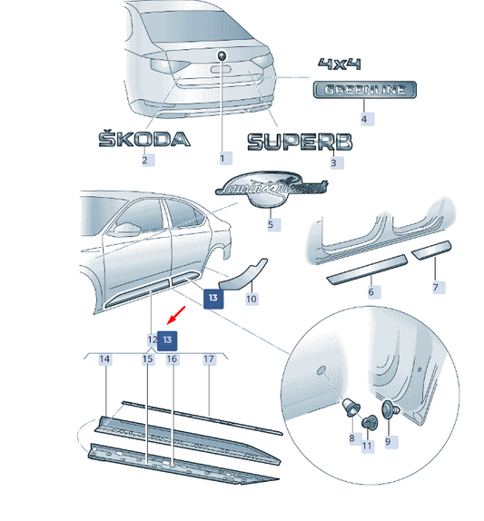 new skoda superb mk3 rear right door protective strip 3v0854950ggru original
