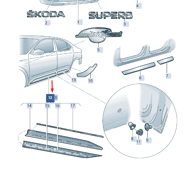 new skoda superb mk3 front left door protective strip 3v0854939ggru original
