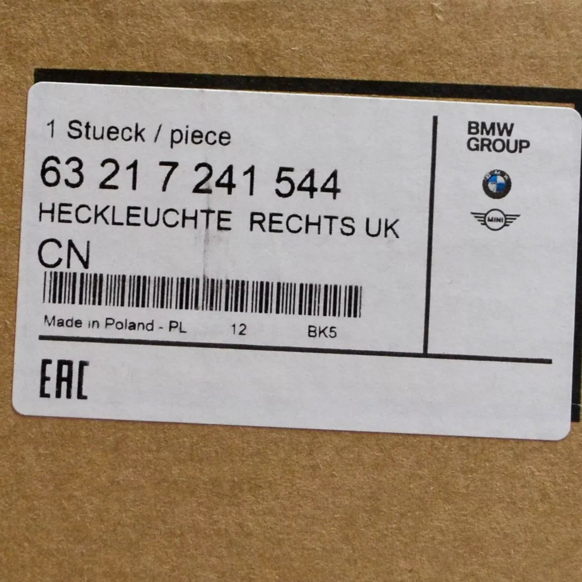 NEW BMW 1 F20 REAR RIGHT TAIL LIGHT 63217241544 7241544 ORIGINAL