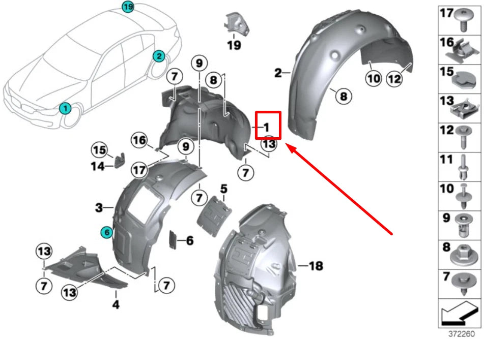 NEW BMW 4 F36 FRONT RIGHT INNER FENDER REAR PART 7260704 51717260704 ORIGINAL