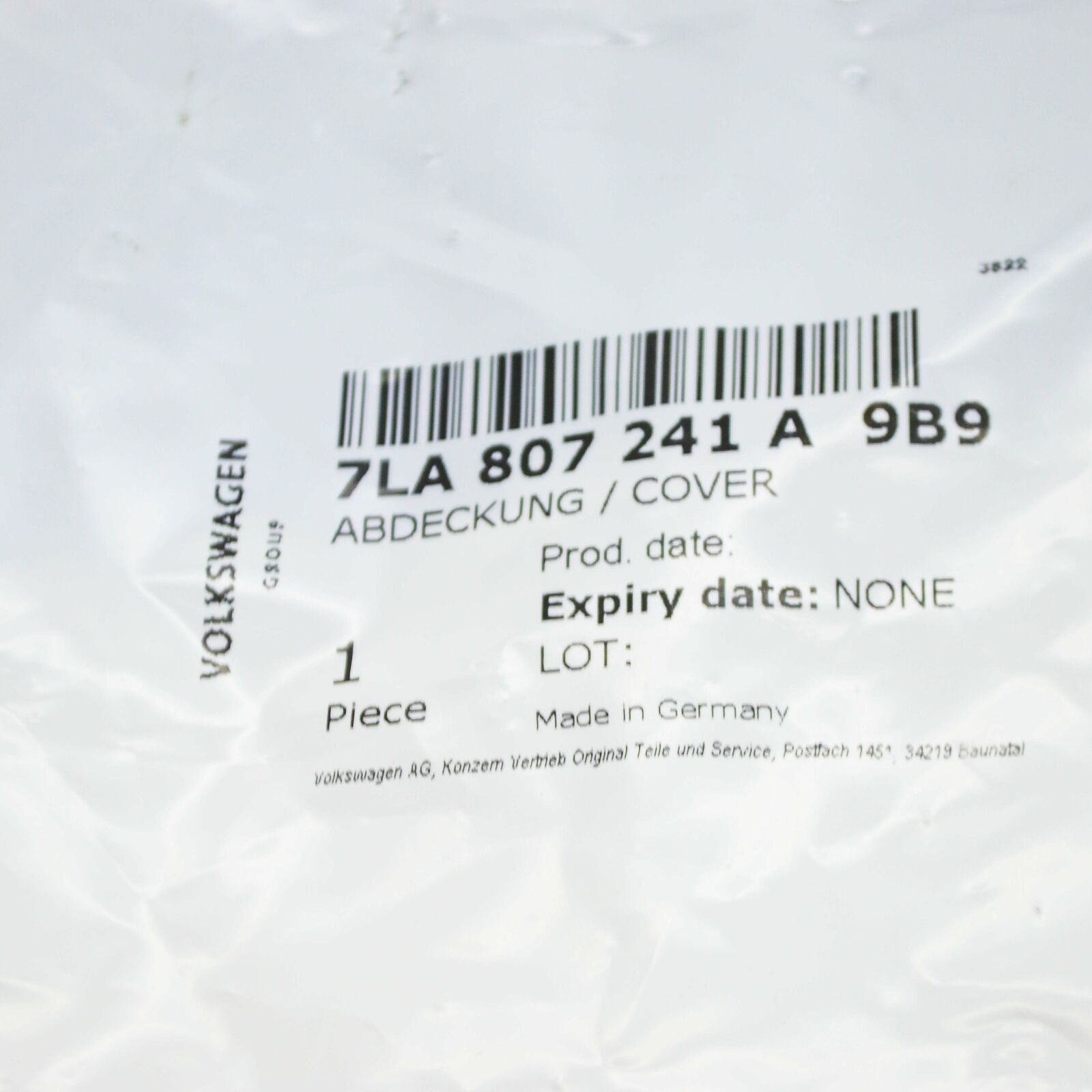 NEW VOLKSWAGEN TRANSPORTER T6 FRONT COVER FOR TOWING EYE 7LA807241A9B9 ORIGINAL