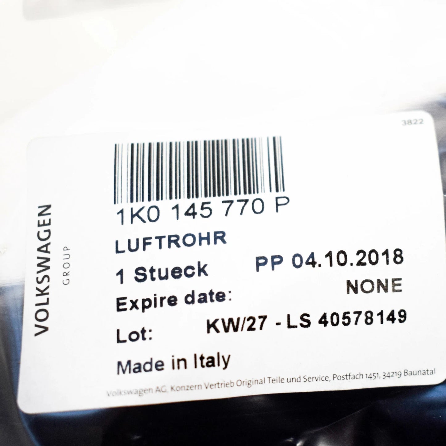 NEW AUDI A1 8X AIR VENT PIPE HOSE 1K0145770P ORIGINAL