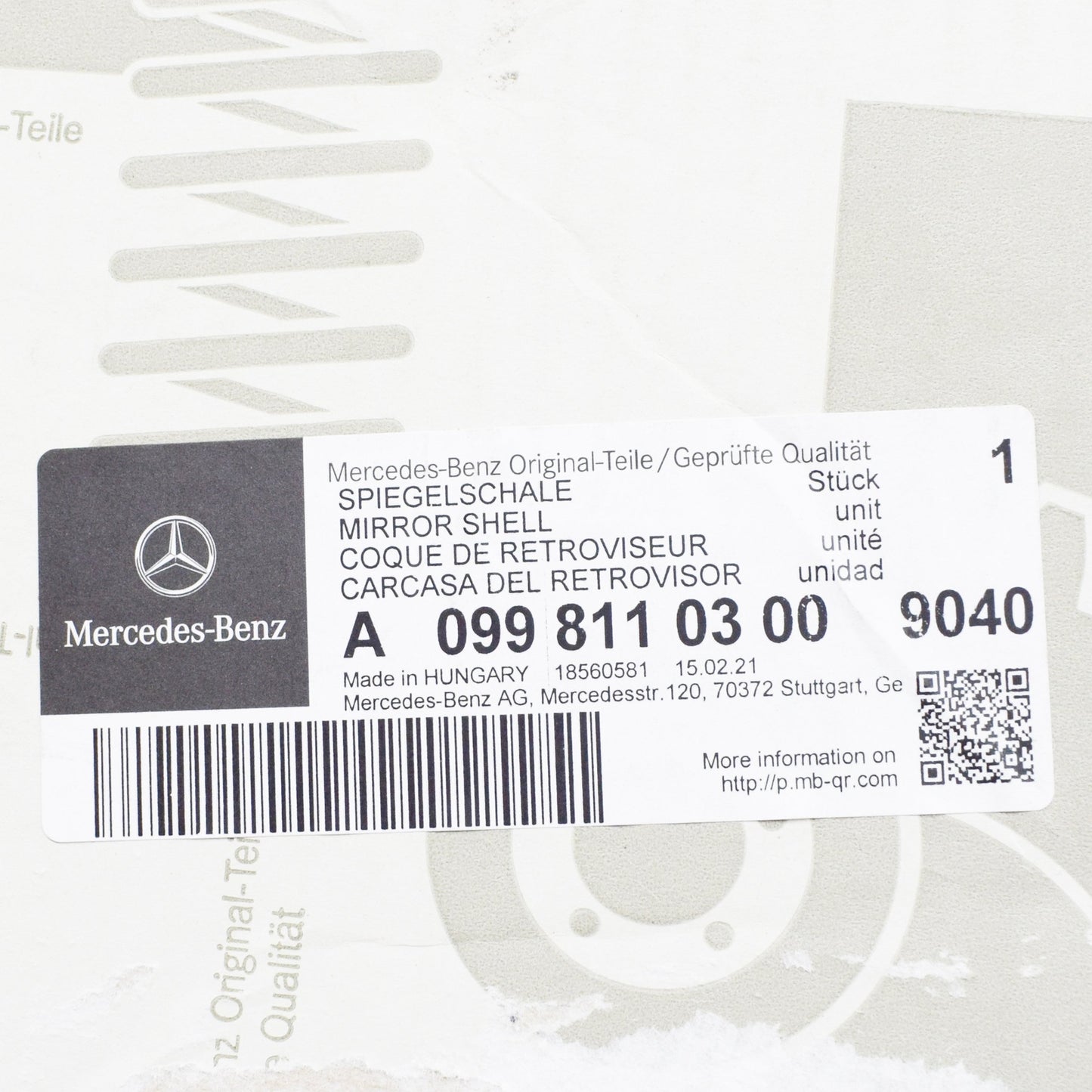 NEW MB E W213 FRONT LEFT DOOR MIRROR SHELL RHD A09981103009040 ORIGINAL