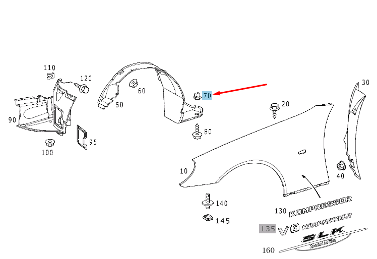 new mercedes-benz slk r170 front fender liner dowel a6739880025 original