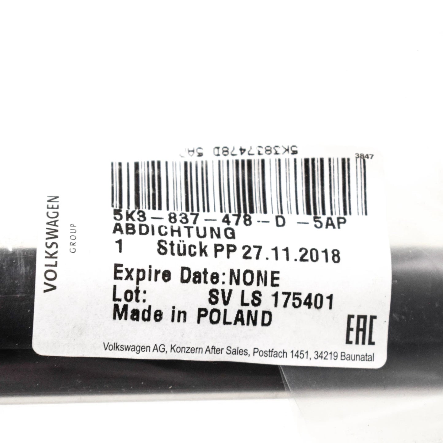 NEW VW GOLF MK6 FRONT RIGHT OUTER WINDOW APERTURE SEAL 5K3837478D5AP ORIGINAL