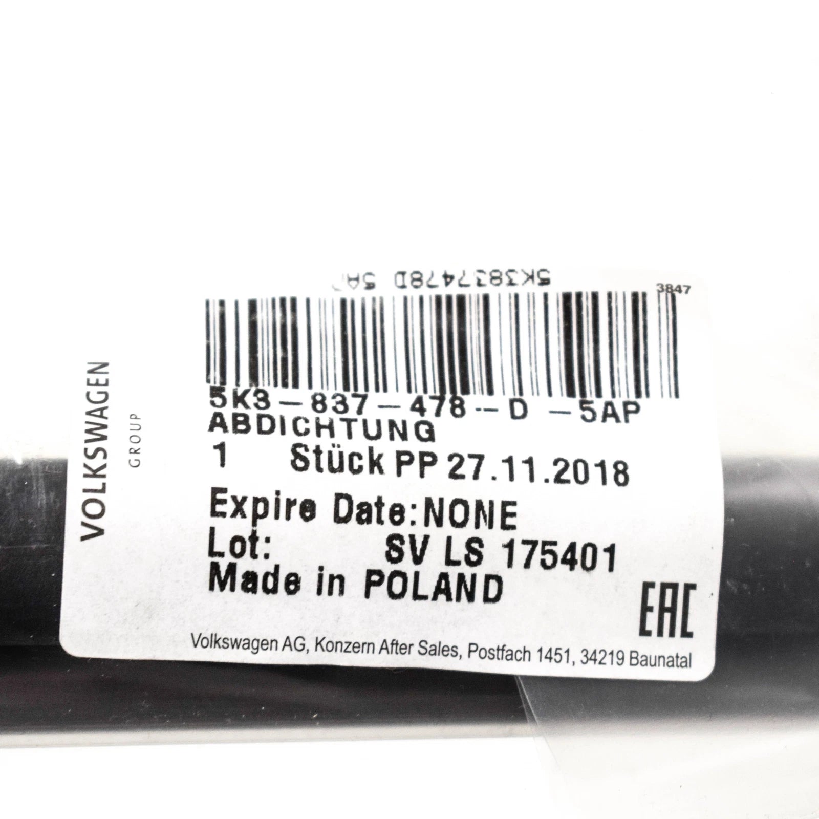 NEW VW GOLF MK6 FRONT RIGHT OUTER WINDOW APERTURE SEAL 5K3837478D5AP ORIGINAL