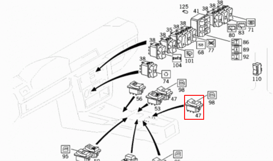 NEW MB E W124 CENTRE CONSOLE RIGHT WINDOW CONTROL SWITCH A1248204510 ORIGINAL