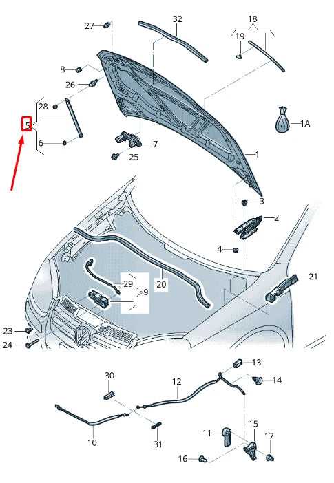 NEW VOLKSWAGEN GOLF 5K MK6 FRONT BONNET GAS SUPPORT STRUT 5K0823359E ORIGINAL