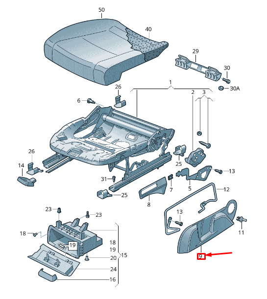 new skoda superb mk2 3t front right outer seat frame trim 3t0881318j9b9 original