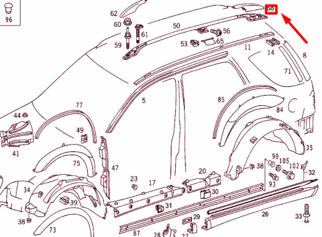 NEW MERCEDES-BENZ ML W163 REAR ROOF RAIL LEFT COVER A1638490503 ORIGINAL