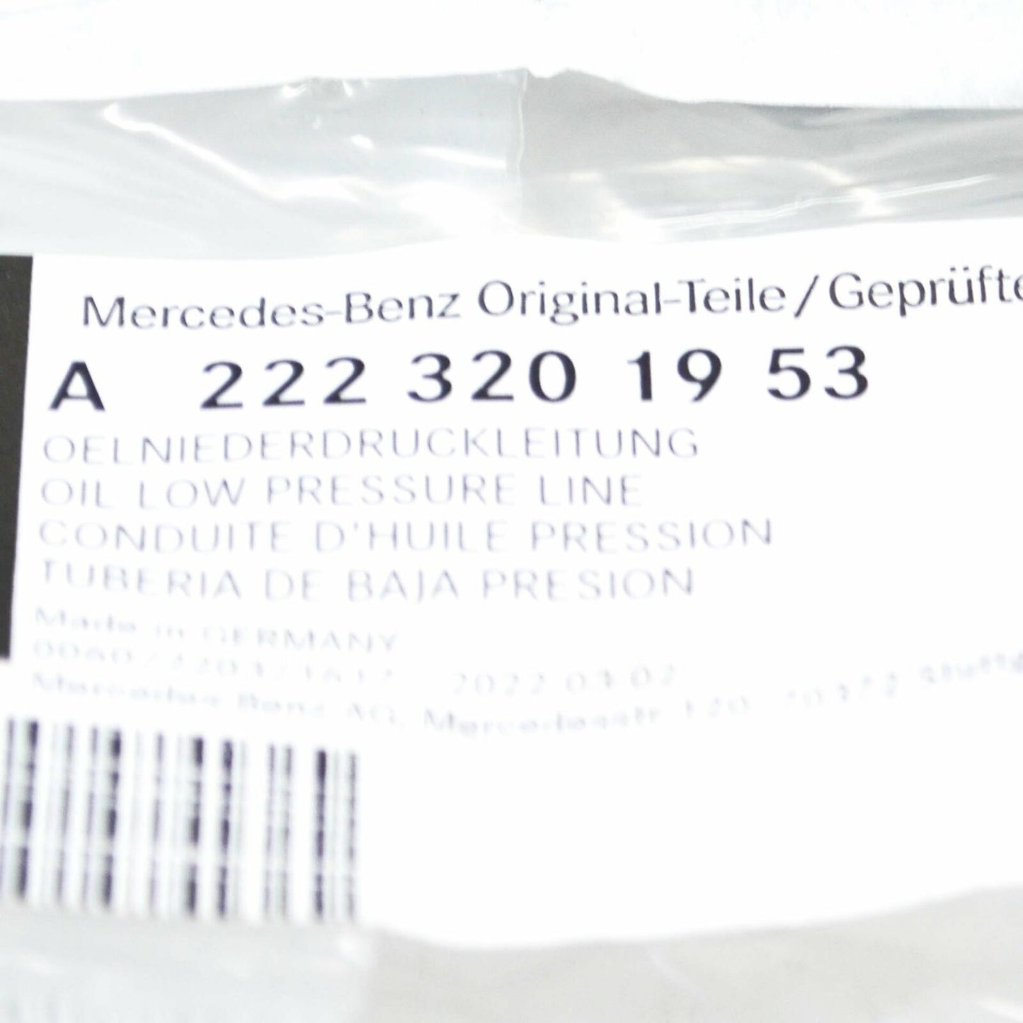 NEW MERCEDES-BENZ S W222 OIL LOW PRESSURE HOSE A2223201953 ORIGINAL