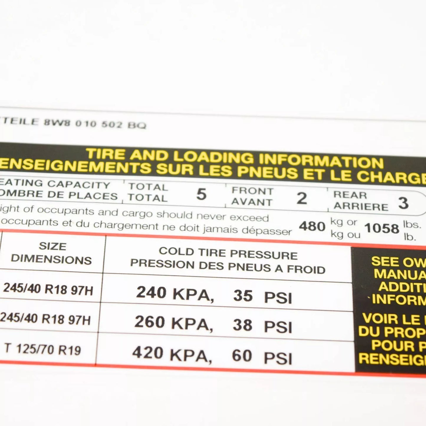 NEW AUDI A5 SPORTBACK 8W6 TIRE LABEL 8W8010502BQ ORIGINAL