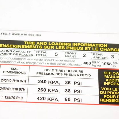 NEW AUDI A5 SPORTBACK 8W6 TIRE LABEL 8W8010502BQ ORIGINAL
